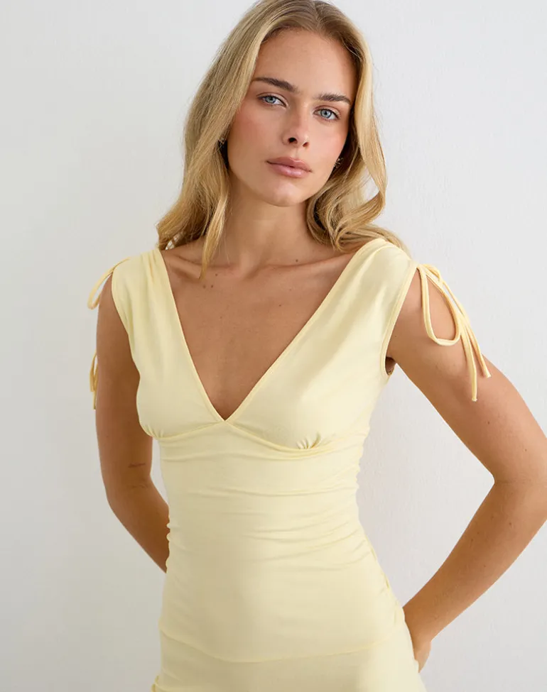 Carmila Gathered Mini Dress in Jersey Lemon