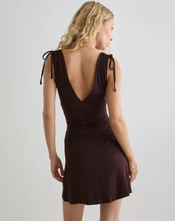 Carmila Gathered Mini Dress in Jersey Bitter Chocolate