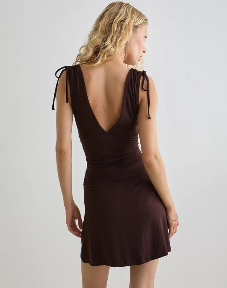 Carmila Gathered Mini Dress in Jersey Bitter Chocolate