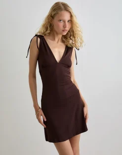 Carmila Gathered Mini Dress in Jersey Bitter Chocolate