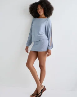 Carola Cut Out Arms Mini Dress in Shimmer Blue