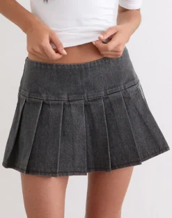 Casna Pleated Mini Skirt in Denim Grey Wash