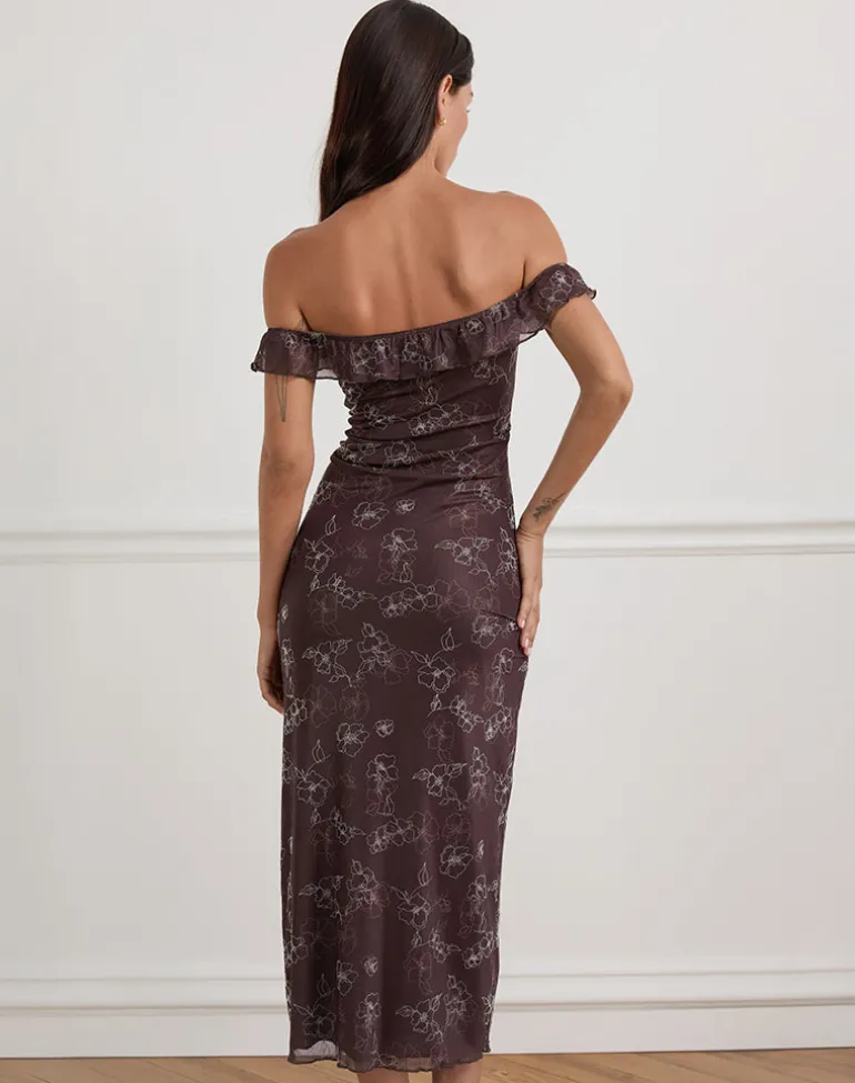 Catrin Midi Dress in Doodle Flower Flock Brown