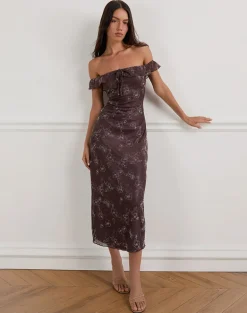 Catrin Midi Dress in Doodle Flower Flock Brown