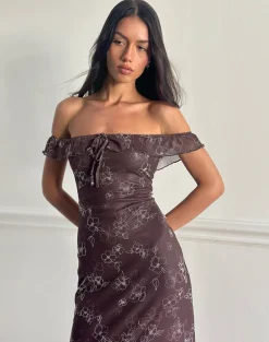 Catrin Midi Dress in Doodle Flower Flock Brown