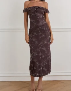 Catrin Midi Dress in Doodle Flower Flock Brown