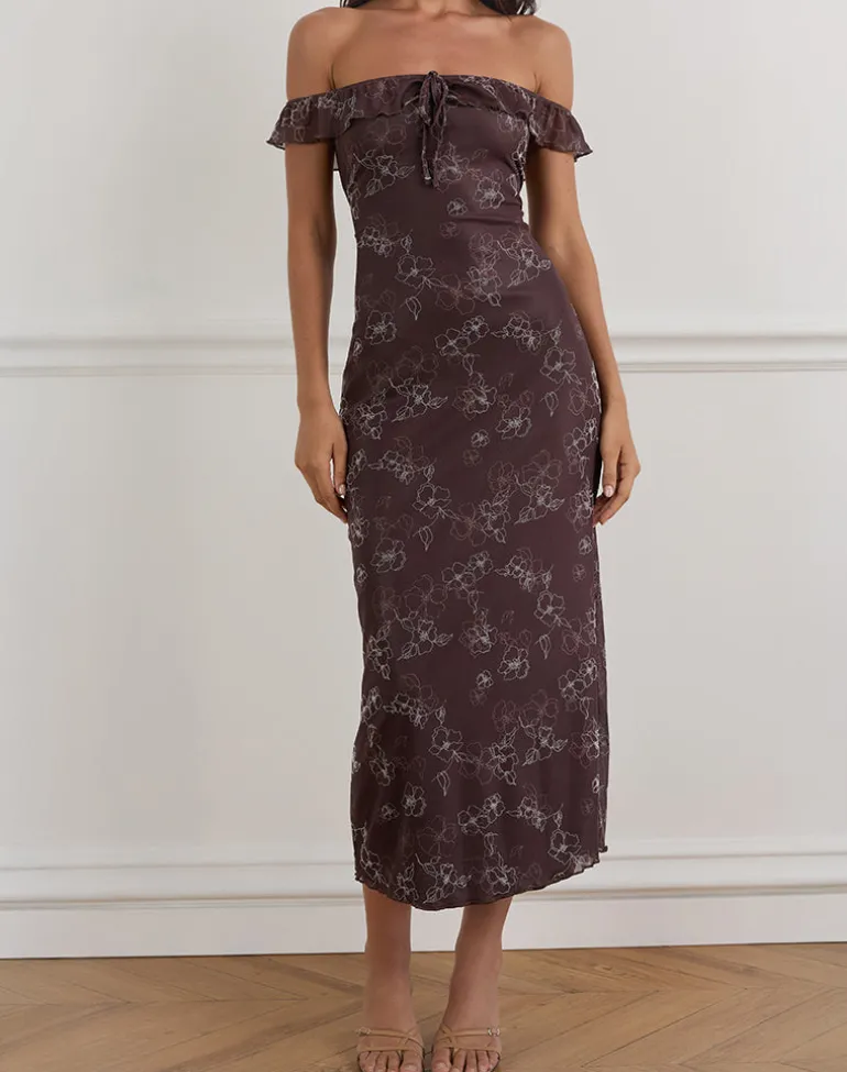 Catrin Midi Dress in Doodle Flower Flock Brown