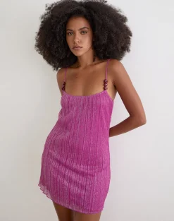 Cerita Mini Dress with Beads in Shimmer Plisse Hot Pink