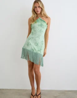 Ceye High Neck Asymmetric Mini Dress in Turquoise