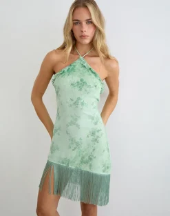 Ceye High Neck Asymmetric Mini Dress in Turquoise