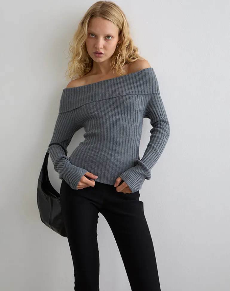 Circe Knitted Bardot Top in Grey