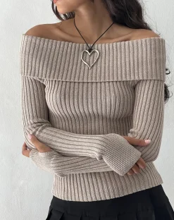 Circe Off-Shoulder Long Sleeve Knit Top in Natural