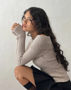 Circe Off-Shoulder Long Sleeve Knit Top in Natural