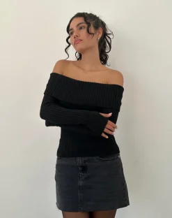 Circe Off-Shoulder Long Sleeve Knit Top in Black