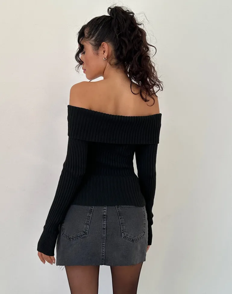 Circe Off-Shoulder Long Sleeve Knit Top in Black