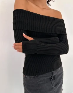 Circe Off-Shoulder Long Sleeve Knit Top in Black