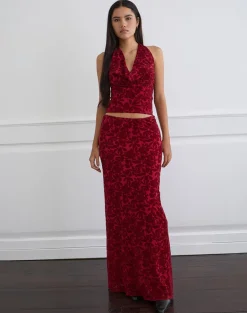 Clandy Cowl Top in Flocked Mesh Flower Cherry