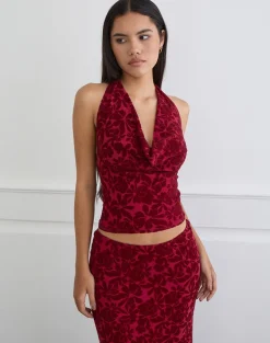 Clandy Cowl Top in Flocked Mesh Flower Cherry