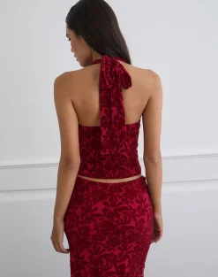 Clandy Cowl Top in Flocked Mesh Flower Cherry