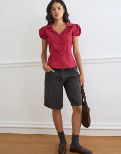 Cloma Fitted Blouse with Puff Sleeves in Adrenaline Red