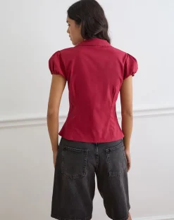 Cloma Fitted Blouse with Puff Sleeves in Adrenaline Red