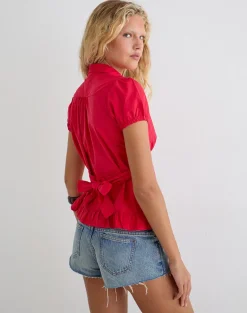 Closie Button Up Blouse in Poplin Scarlet Red