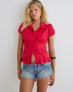 Closie Button Up Blouse in Poplin Scarlet Red