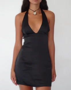 Coda Halterneck Dress in Satin Black