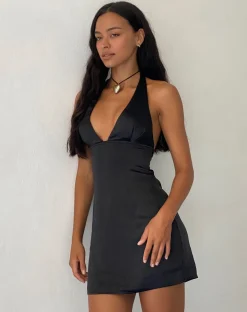 Coda Halterneck Dress in Satin Black