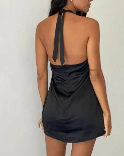Coda Halterneck Dress in Satin Black