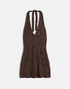Codami Halterneck Mini Dress in Sequin Knit Dark Brown