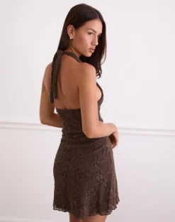Codami Halterneck Mini Dress in Sequin Knit Dark Brown