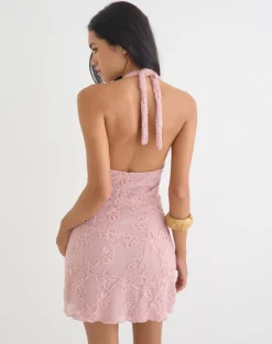 Codami Halterneck Mini Dress in Sequin Knit Pink