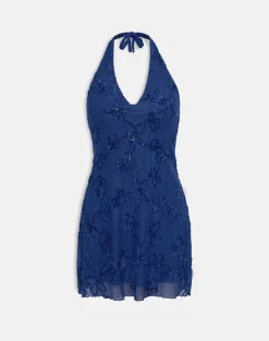 Codami Halterneck Mini Dress in Sequin Knit Navy