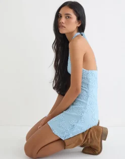Codami Halterneck Mini Dress in Sequin Knit Pastel Blue