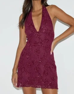 Codami Halterneck Mini Dress in Sequin Knit Burgundy