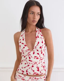 Corsita Top in Cream with Red Leafy Lily Flock