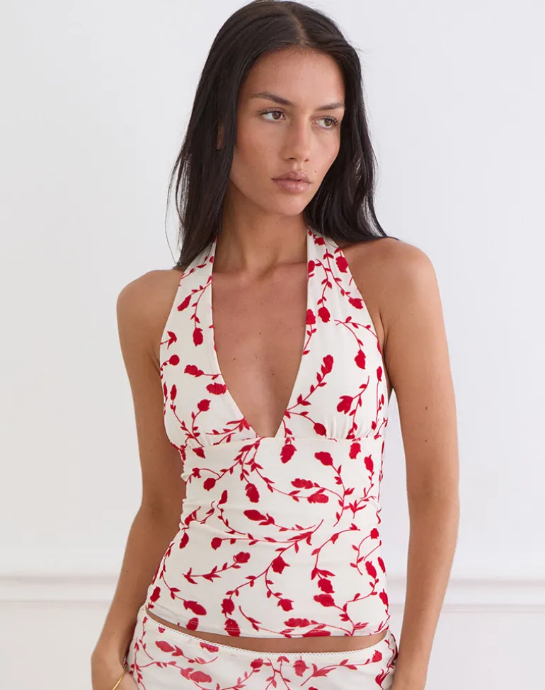 Corsita Top in Cream with Red Leafy Lily Flock