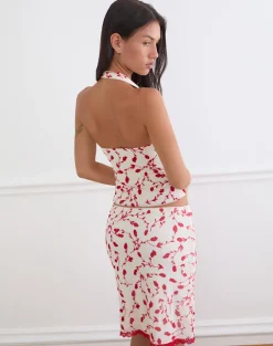 Corsita Top in Cream with Red Leafy Lily Flock