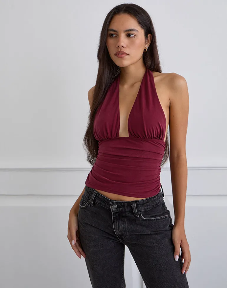 Cosimo Halterneck Top in Cupro Dark Red