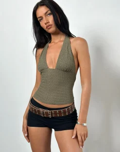 Cosimo Halter Neck Top in Textured Khaki