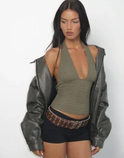 Cosimo Halter Neck Top in Textured Khaki