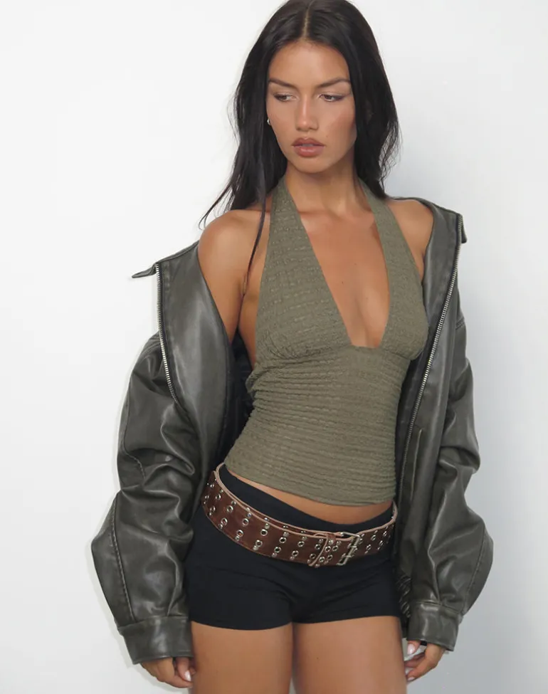 Cosimo Halter Neck Top in Textured Khaki