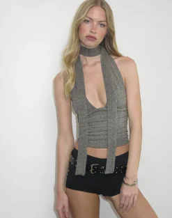 Cosimo Halter Neck Top with Scarf in Glitter Knit Khaki