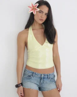 Cosio Halter Top in Clear Sequin Yellow