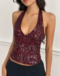 Cosio Halter Top in Mix Sequin Red
