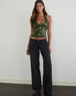 Cosio Halter Top in Mix Sequin Khaki
