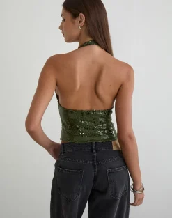 Cosio Halter Top in Mix Sequin Khaki