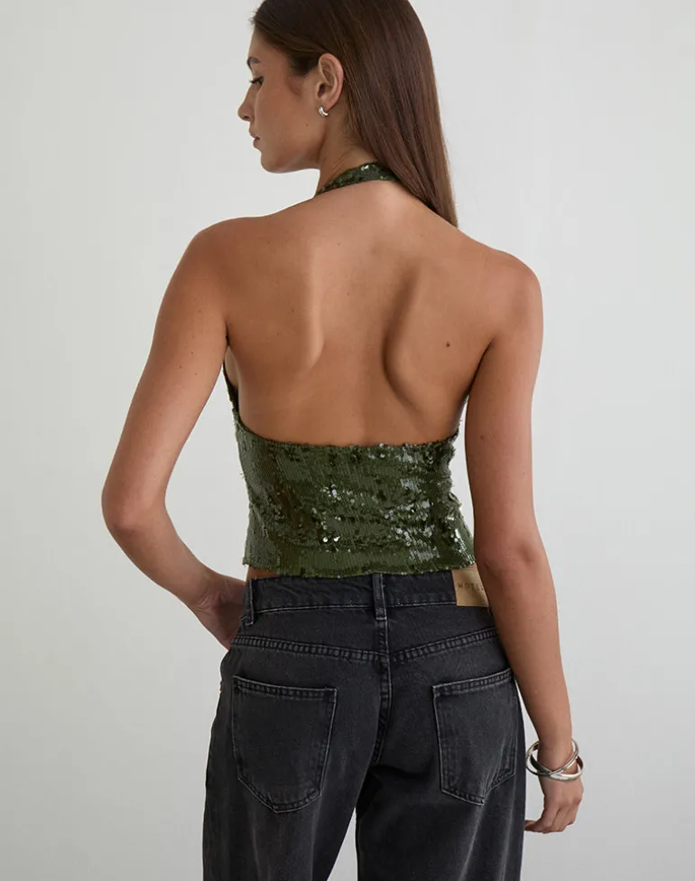 Cosio Halter Top in Mix Sequin Khaki