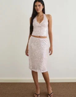 Cosio Halter Top in Sequin Baby Pink